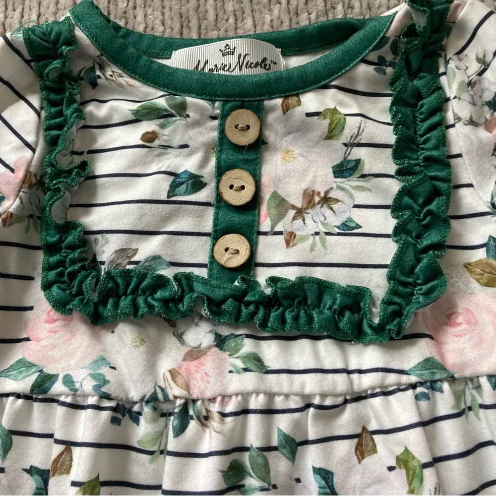 Marie Nicole 0-3M Ruffle Floral Stripe Romper With Green Trim Cottagecore Preppy